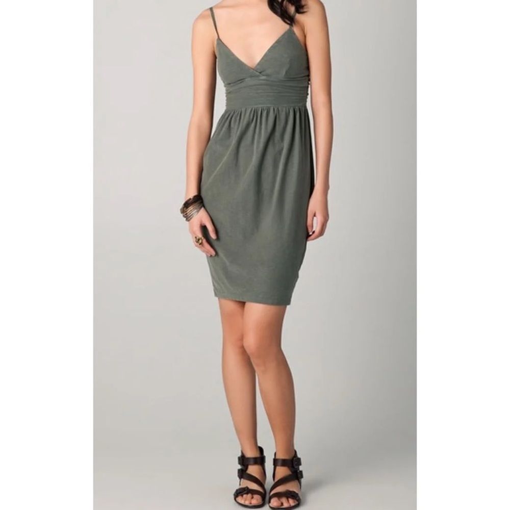 James Perse gray ruched sundress with pleating V neck and empire waist